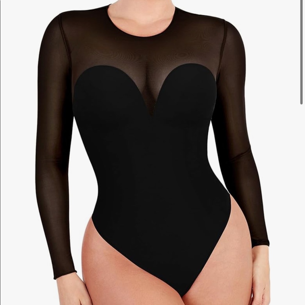 Long Sleeve Black Bodysuit with Mesh/ Built in Bra